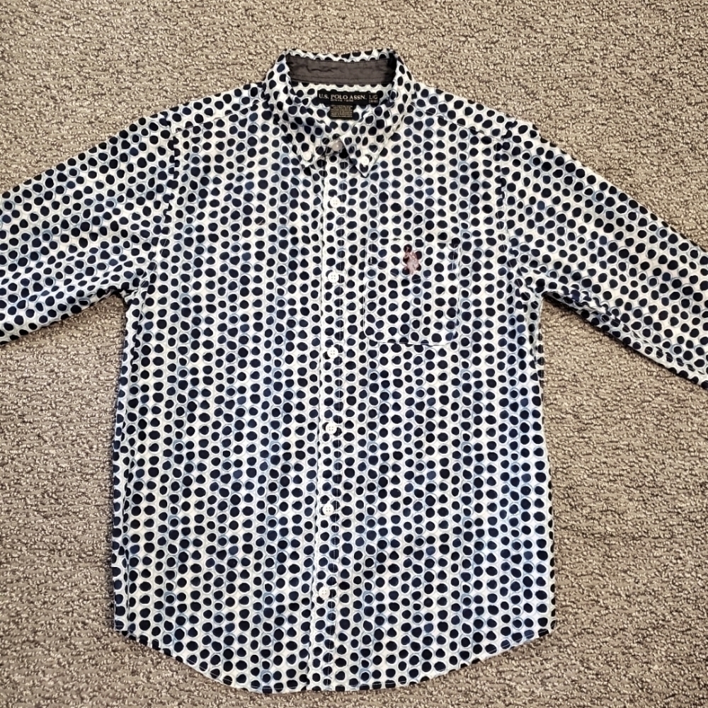 U.S. Polo Assn. Polka Dot Button Down Shirt Long Sleeves Blue White Boys Large